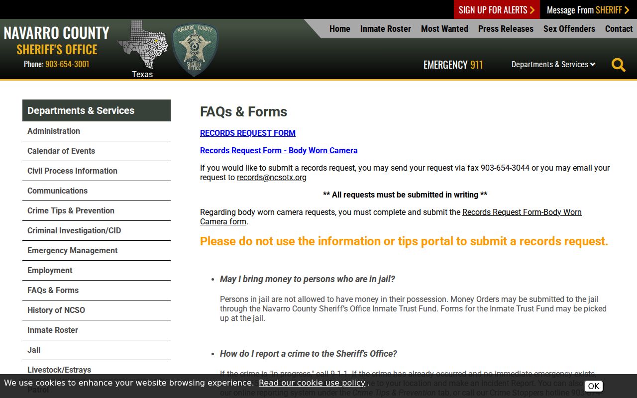 Navarro County arrest report written request form from the Sheriff's Office