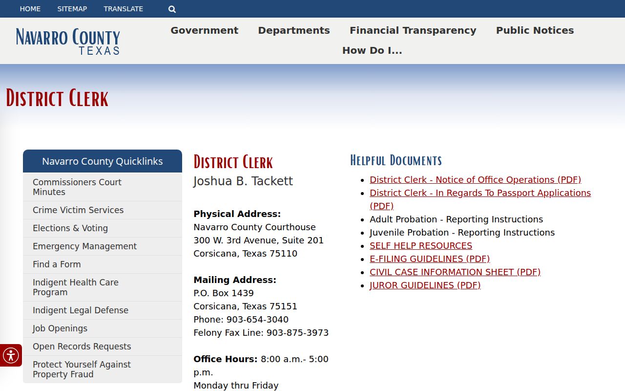 Navarro County criminal court case access at the District Clerk