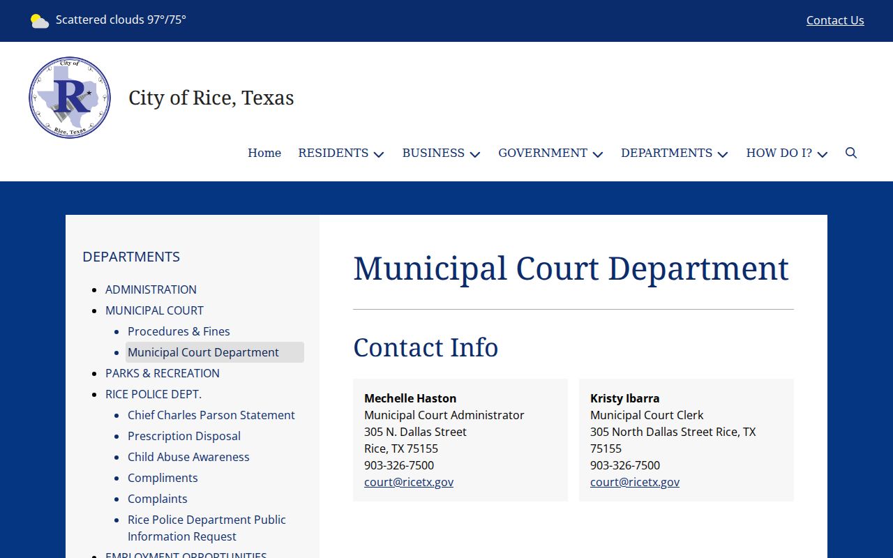 Rice criminal court records contact page for the municipal clerk