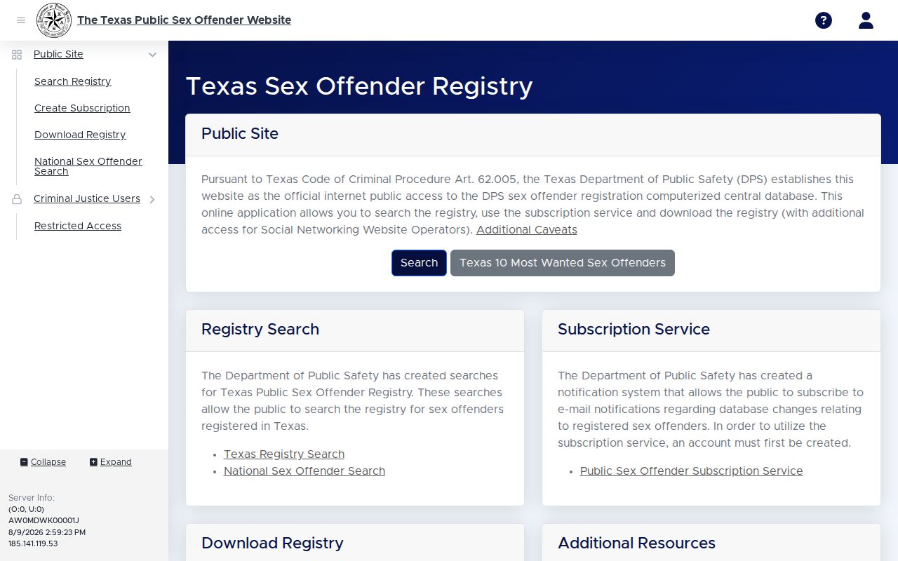 Navarro County sex offender registry profile field layout from Texas DPS
