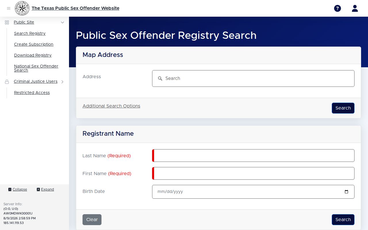 Navarro County sex offender registry search fields on the Texas DPS portal